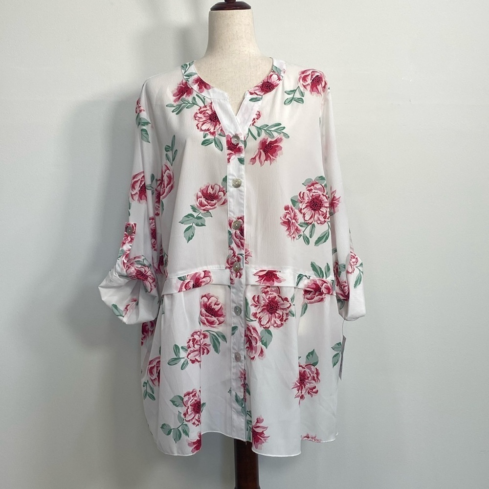 Calessa Garden Print Tunic ‎ Pockets Womens's 2X